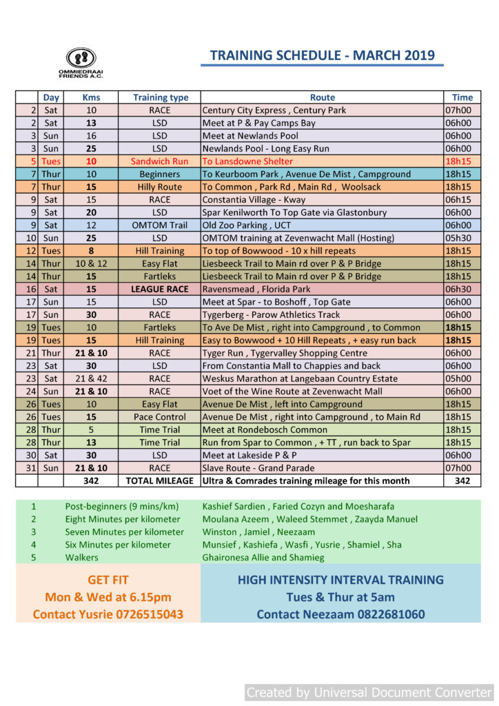 Training Schedule March 2019
