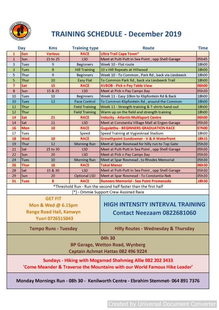 Training Schedule - December 2019 (version 1)